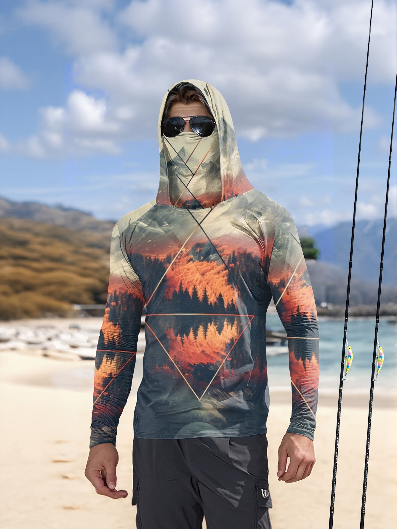 Summer Clothing Trends - アウトドアメンズフィッシングフーディー、内蔵フェイスマスク、山の風景プリント、UPF 50、日焼け防止、速乾性、長袖フィッシングシャツ
