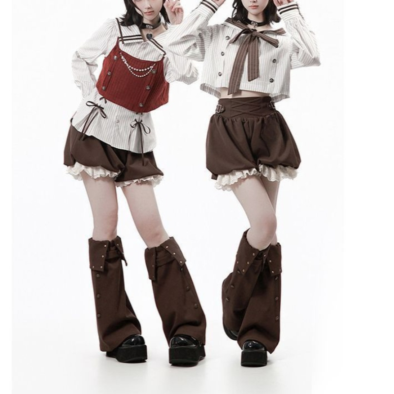 Summer Clothing Set For Girls - 原宿系可愛い赤ストライプセーラーカラークロップトップツーピースセット レディース ガールズ リボンレースフリルバブルショーツ デイリーウェア レディースファッション
