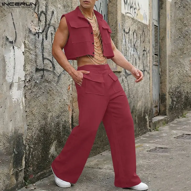 Summer Clothing Trends - INCERUN 男性セット固体ノースリーブクロップトップスシャツパンツ 2 ピースセットストリートルーズ 2026 ファッションメンズマッチングセットトラックスーツ