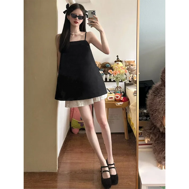 Summer Clothing Set For Girls - 女性用ショートトップとミニホワイトレーススカートの2点セット,ノースリーブスーツ,ロングブラックTシャツ,シックな女の子,対照的な色,夏のファッション
