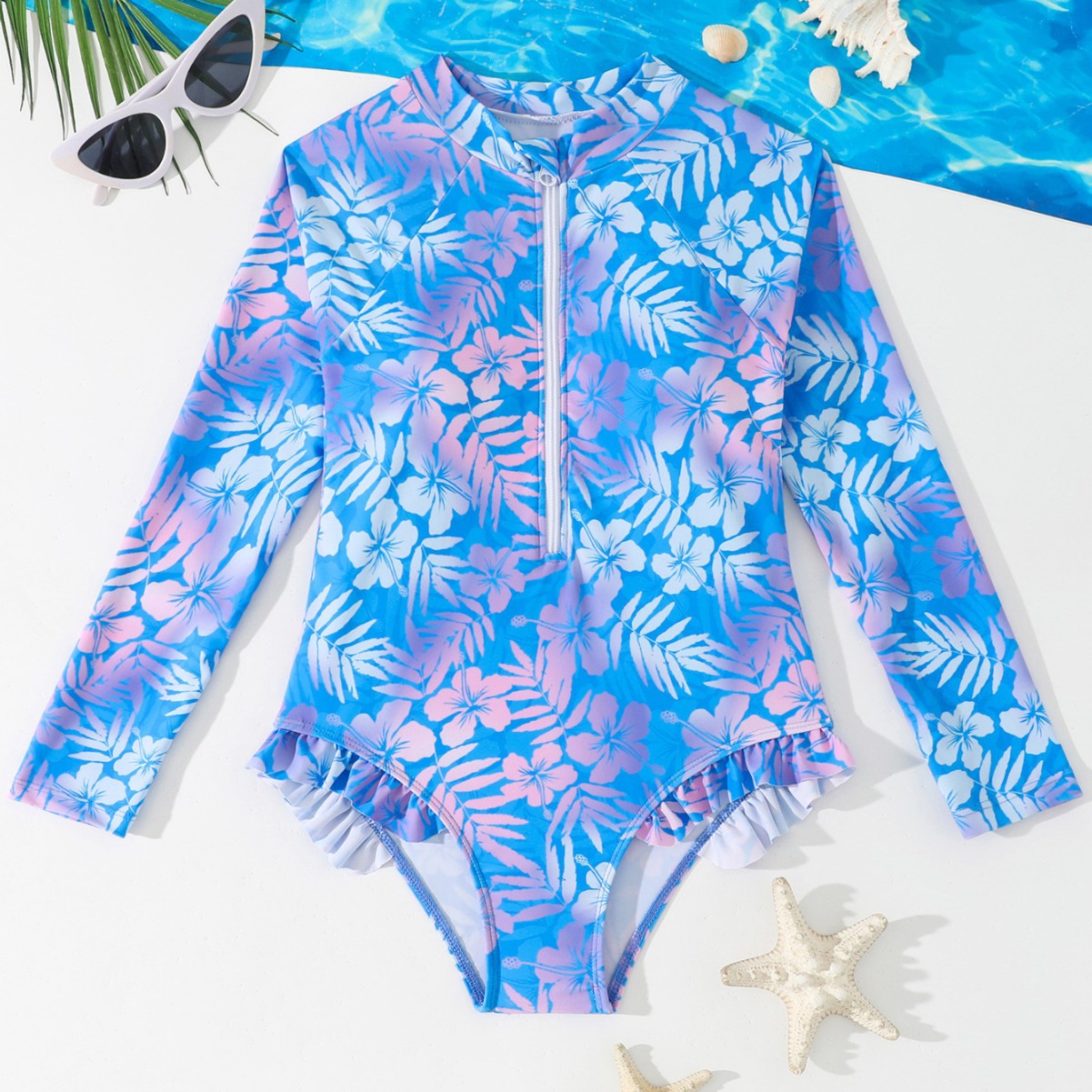 Rash Guard Long Sleeve - 女の子用グラデーションハイビスカスプリント長袖ワンピース水着フロントハーフジップフリル裾ラッシュガードキッズビーチサーフ水着