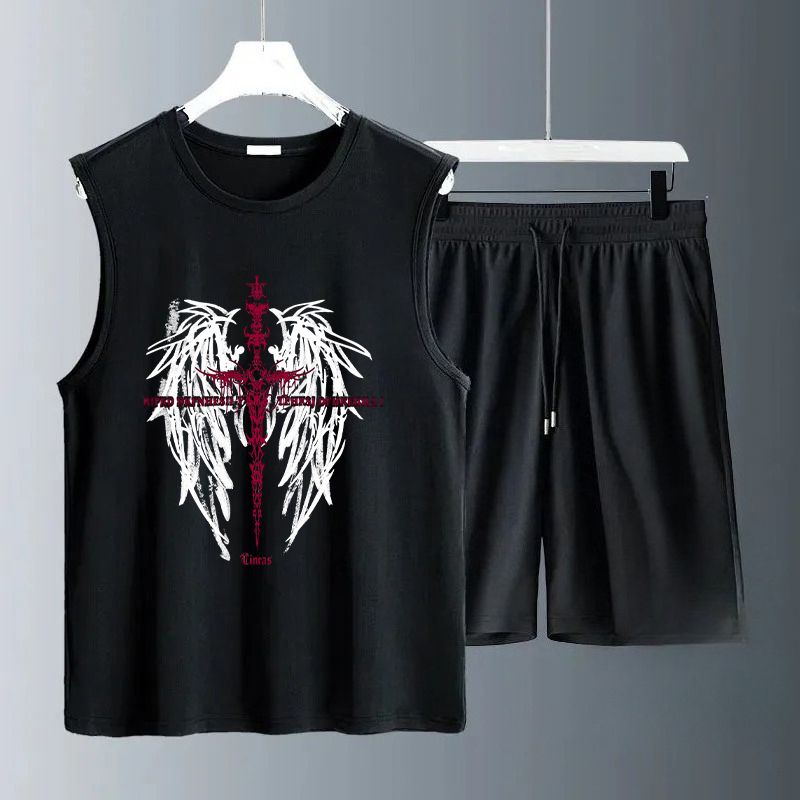Summer Clothing For A Beach - メンズタンクトップセット 2026年夏 速乾性ドライウェア スポーツスウェットスーツ ビーチランニング クルーネック