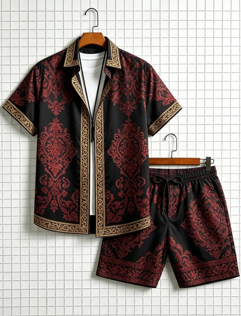 Summer Clothing Trends - メンズエスニック柄プリント半袖シャツとショートパンツのセット、爽やかで上品なスタイル、普段着やアウトドア旅行に最適
