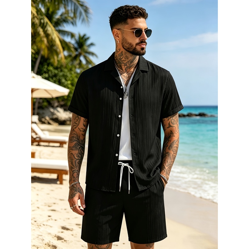 Summer Clothing For A Beach - 2メンズサマーカジュアルスーツセット、キューバカラーシャツ+ゆったりとしたショートパンツ、快適で軽いビーチバケーション、日常着、ストリートウェア