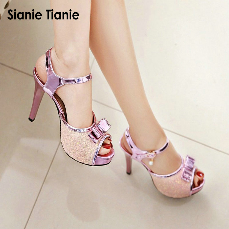 Summer Clothing Fabric - Sianie tianie 夏薄型ハイヒールグリッターサンダル女性夏の靴ブリンブリングラディエータープラットフォームサンダルスリングバックサイズ 44 45 46