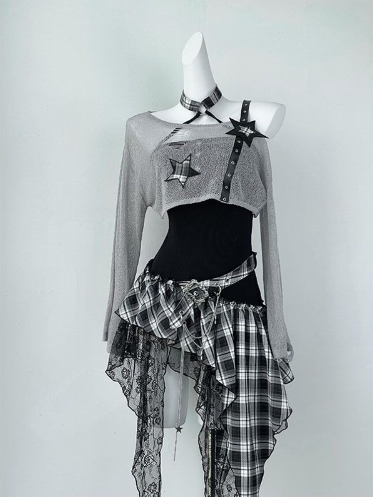 Summer Clothing Set For Girls - 2000 年代 Y2K スパイシーガールデザイン不規則なセットチェック柄スプライシングストラップレスドレスセット女性薄型長袖日焼け止めカバーアップスーツ