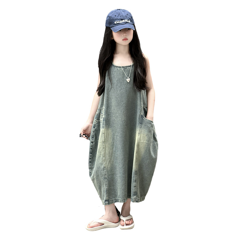 Summer Clothing Set For Girls - ヴィンテージブルー子供女の子高品質ノースリーブデニムドレスストリート衣装ファッション夏の子供の高級ジーンズ服