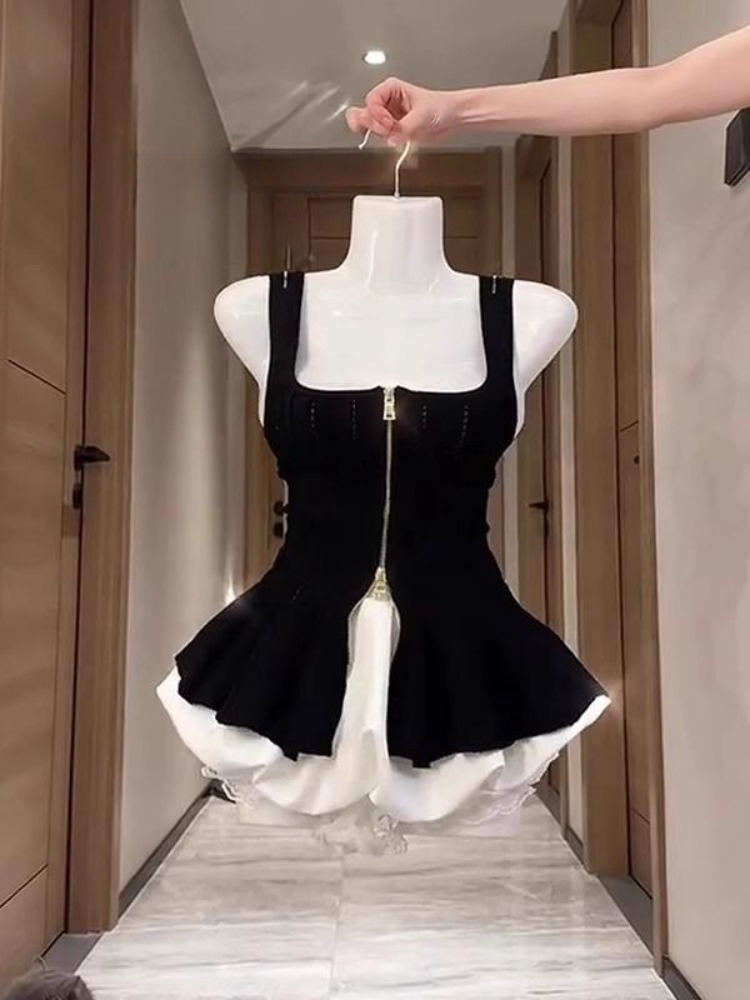 Summer Clothing Set For Girls - サマーゴシックホットガールスリムスリップジッパートゥピースセット女性ファッション韓国スタイルY2kセクシーオフショルダーキャミソールショートスカートスーツ