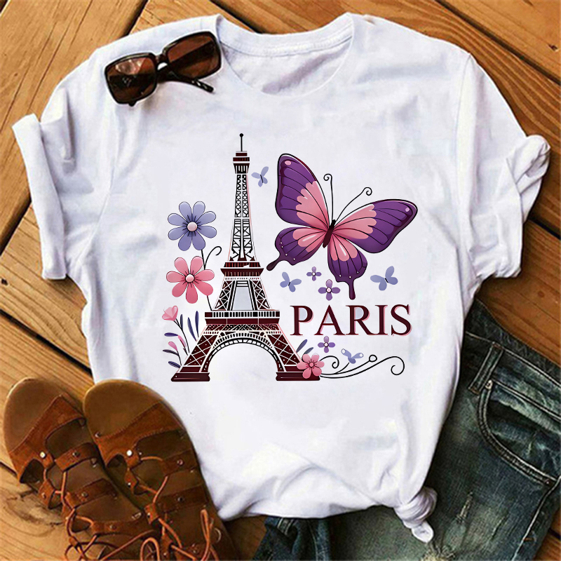 Summer Clothing In Paris - 90 年代カラーフラワーバタフライパリデザインプリント Tシャツ半袖クルーネックカジュアルオールシーズン婦人服トップ Tシャツ
