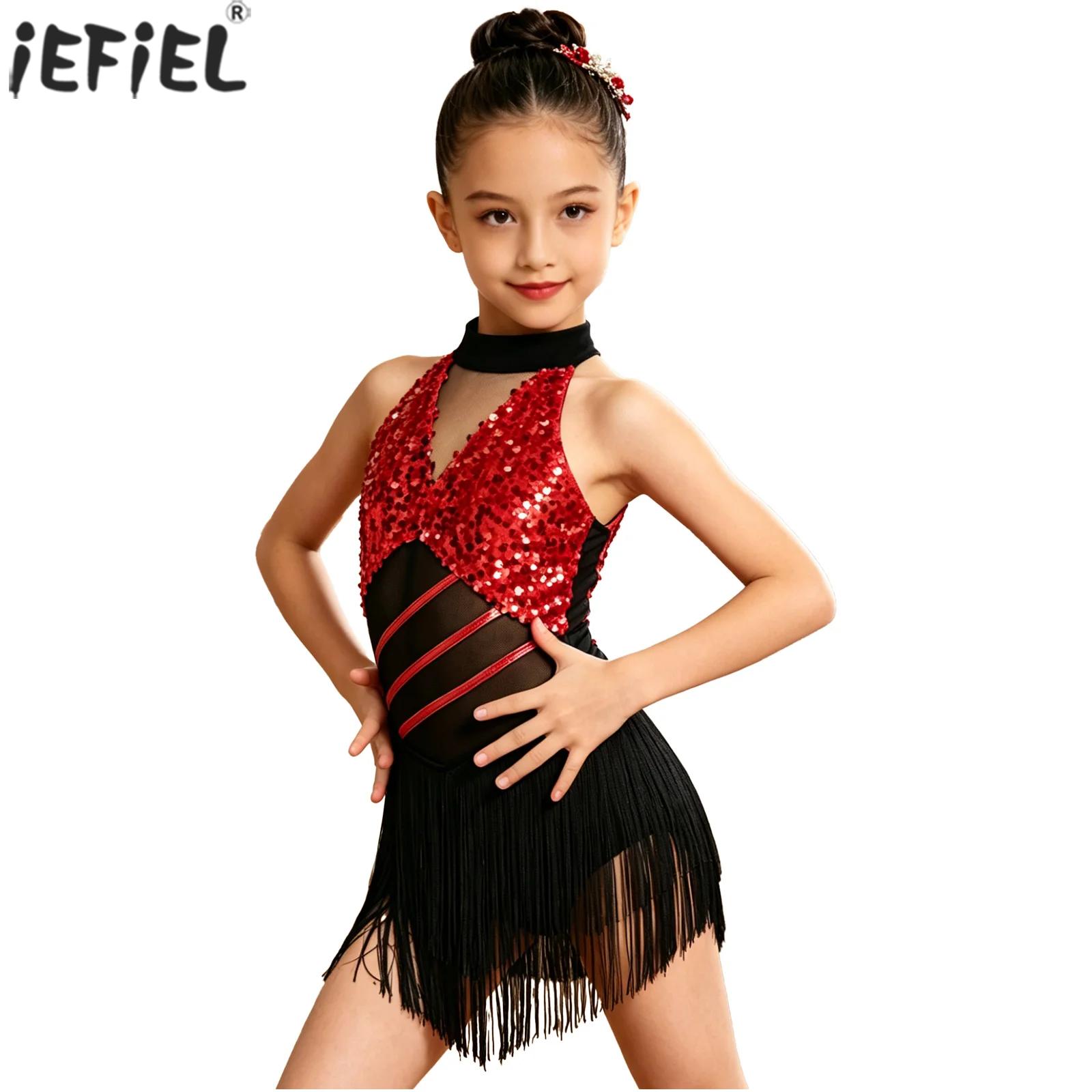 Summer Clothing Set For Girls - キッズガールズチャチャサルサラテンダンス衣装光沢のあるスパンコールホルターノースリーブメッシュタッセルレオタードジャズタンゴサンバルンバ衣装