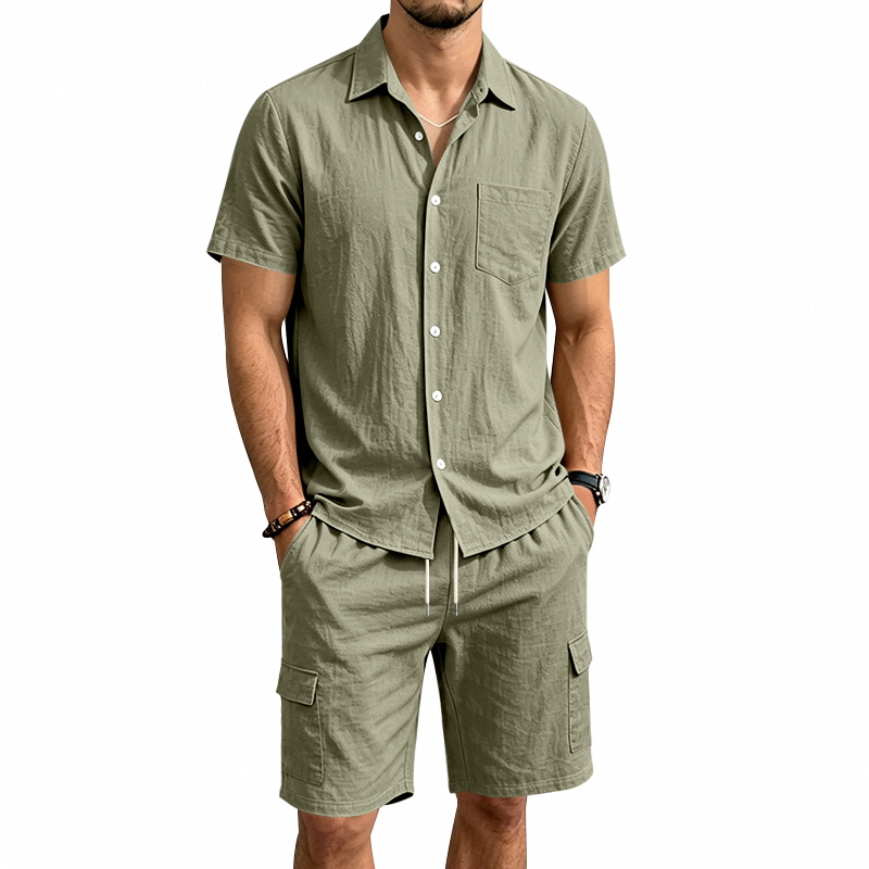 Summer Clothing Trends - メンズ夏アメリカンリネンツーピースセット半袖シャツドローストリングカーゴショーツルーズカジュアルアウトドア通勤休暇衣装