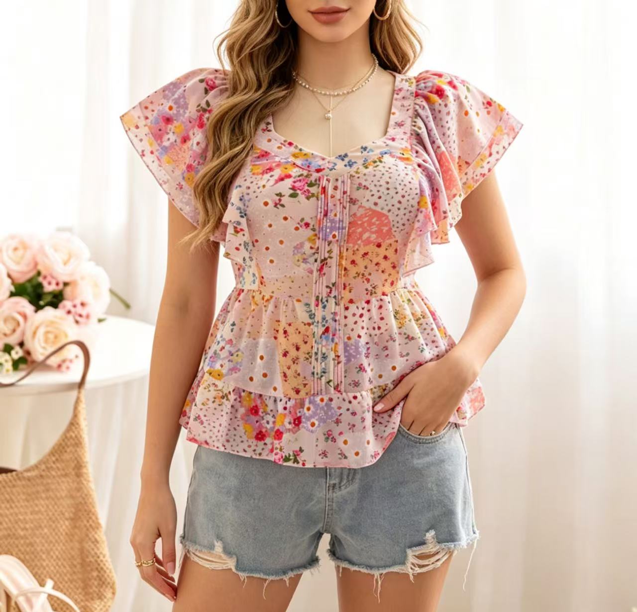プラスサイズ女性向けニッチデザイン小花柄フリルレーストリムラ - Summer Clothing Girl のレビューと価格