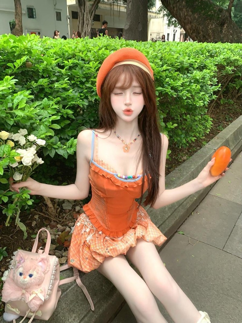 夏新オレンジドーパミンスイートスパイシーガールレースキャミソ - Summer Clothing Set For Girls のレビューと価格