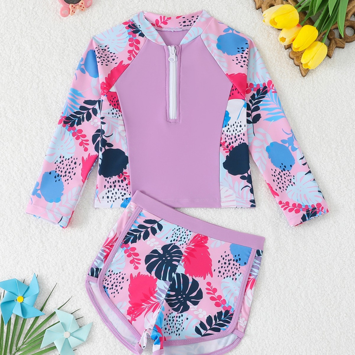 女の子用リーフプリント2ピースラッシュガードセット長袖ハーフ - Rash Guard Long Sleeve のレビューと価格