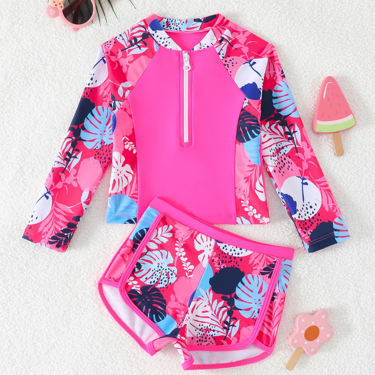女の子用リーフプリント2ピースラッシュガードセット長袖ハーフ - Rash Guard Long Sleeve のレビューと価格