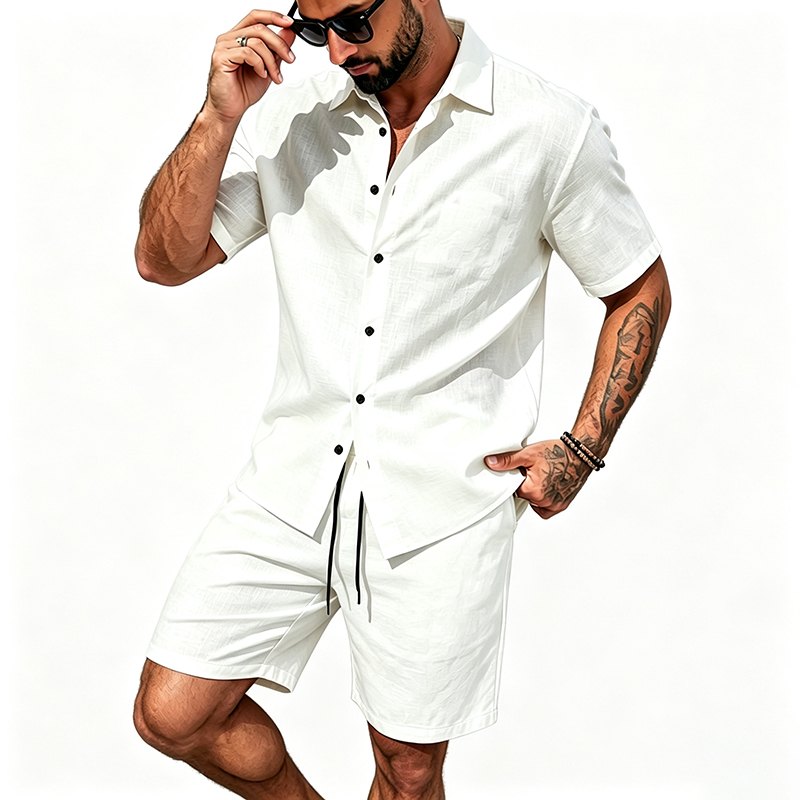 男性リネンツーピース衣装半袖ラペルボタンシャツ弾性ドロースト - Summer Clothing Trends のレビューと価格