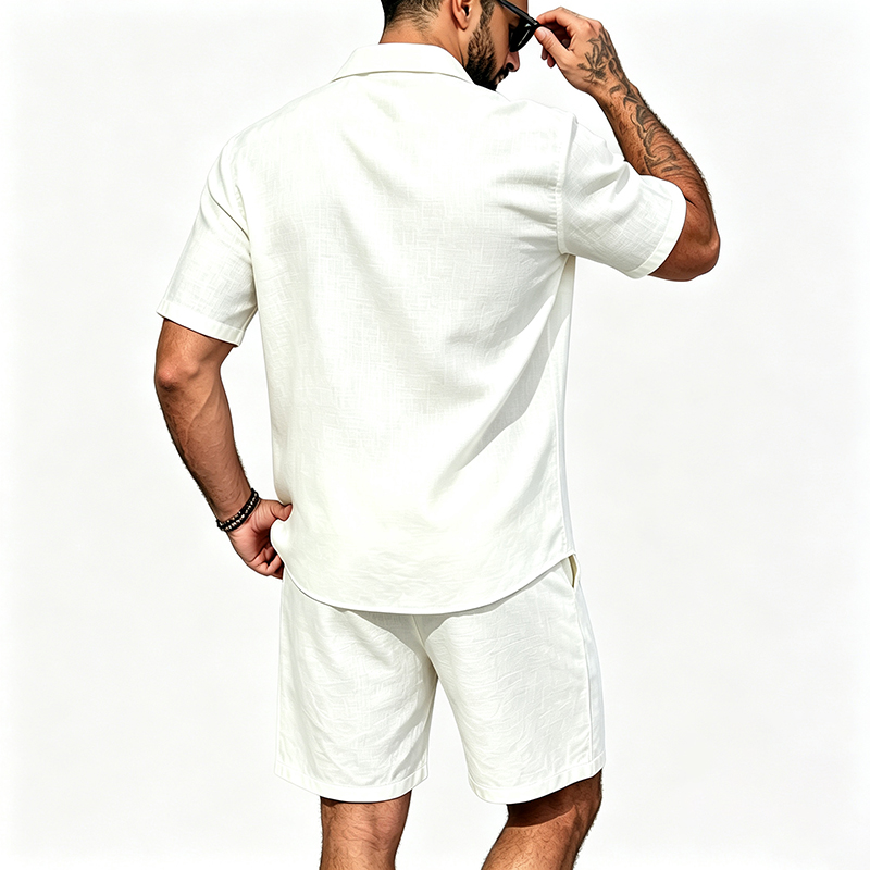 男性リネンツーピース衣装半袖ラペルボタンシャツ弾性ドロースト - Summer Clothing Trends のレビューと価格