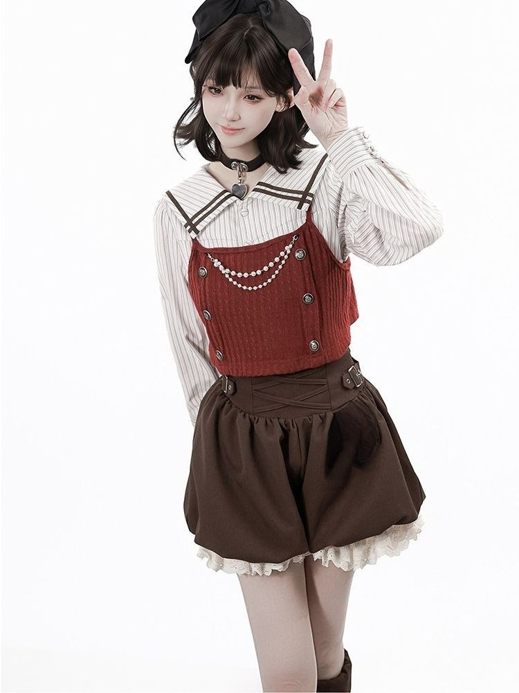 原宿系可愛い赤ストライプセーラーカラークロップトップツーピー - Summer Clothing Set For Girls のレビューと価格
