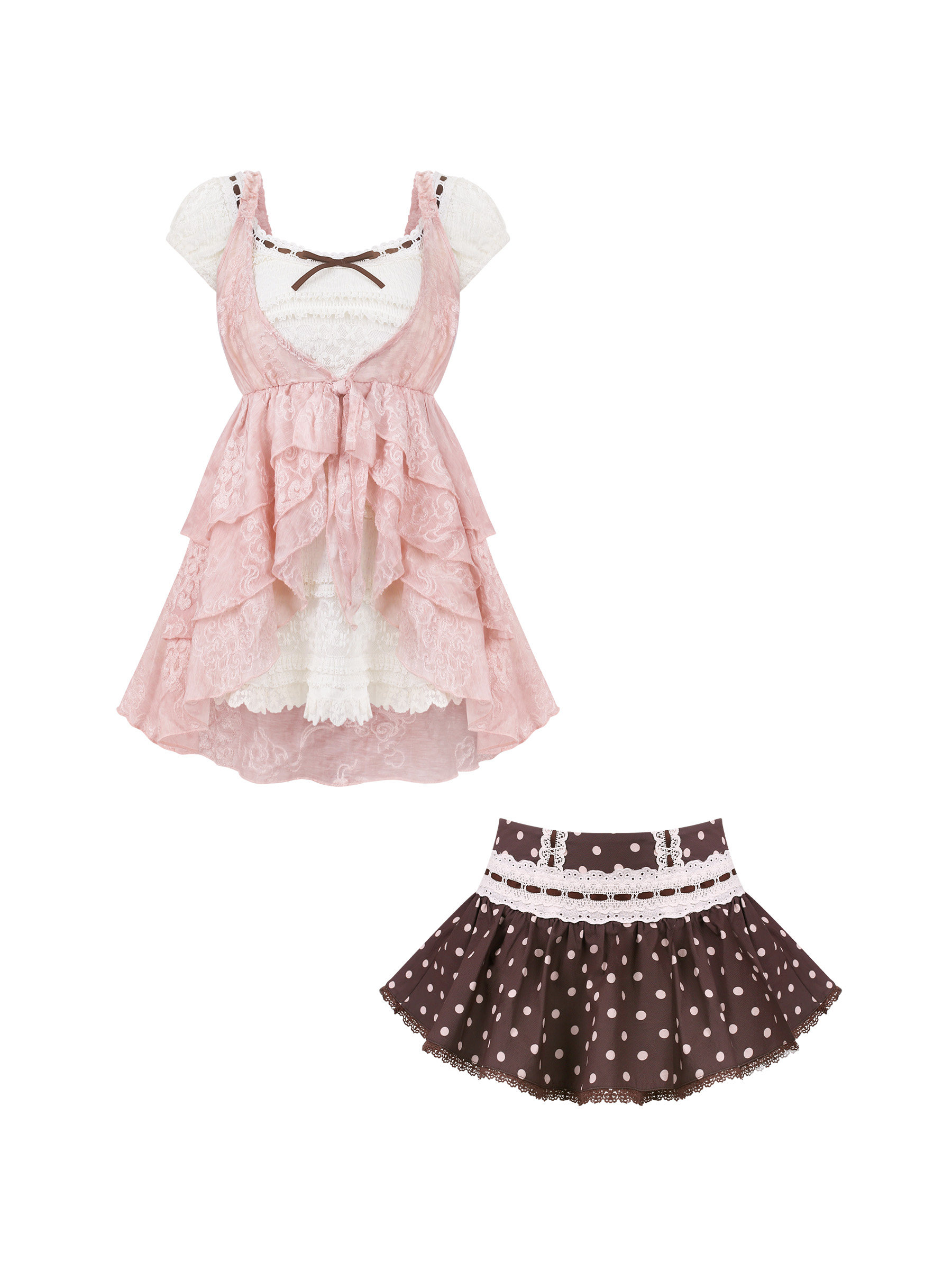 甘い可愛い水玉模様レースフリルボウパフスリーブ2点セット レ - Summer Clothing Set For Girls のレビューと価格