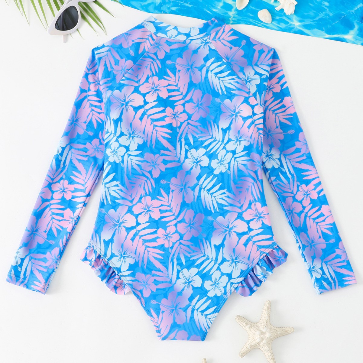 女の子用グラデーションハイビスカスプリント長袖ワンピース水着 - Rash Guard Long Sleeve のレビューと価格