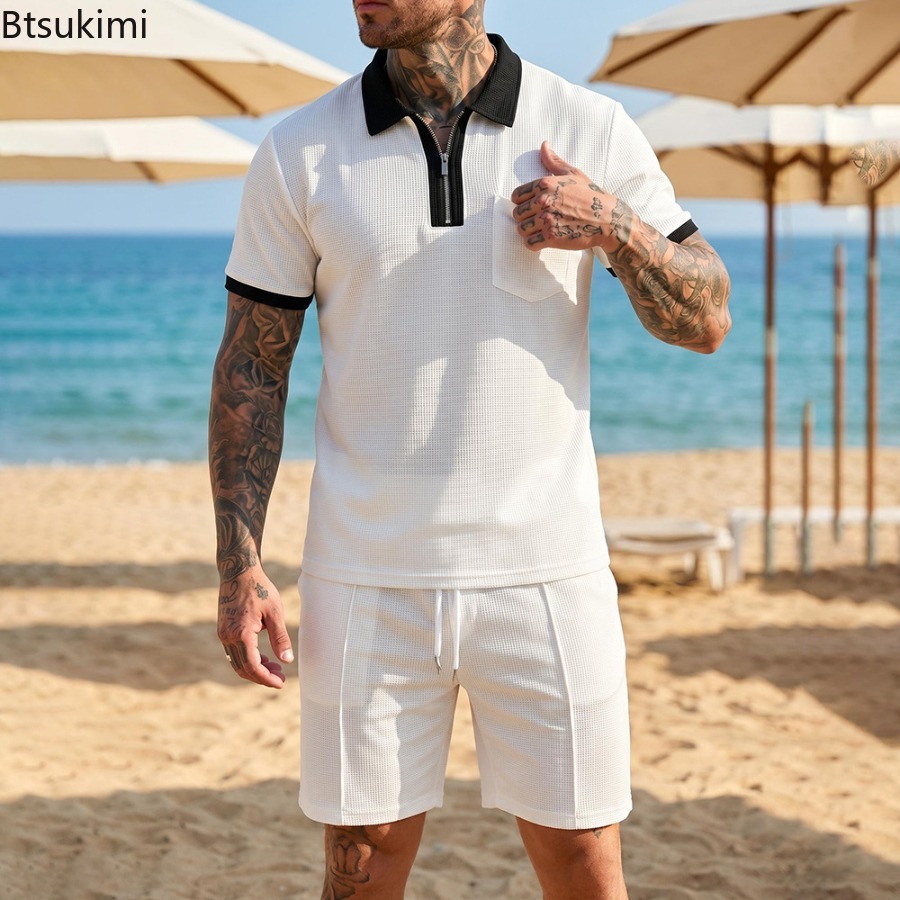 メンズワッフルカラーポロ半袖ショーツセットビーチ休暇カジュア - Summer Clothing For A Beach のレビューと価格