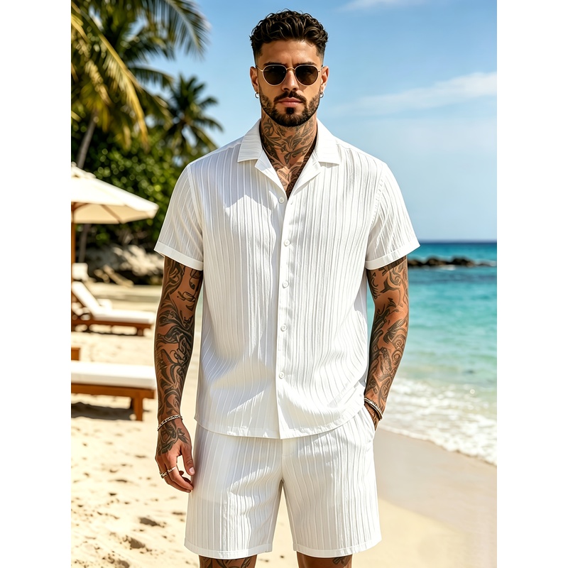 2メンズサマーカジュアルスーツセット、キューバカラーシャツ+ - Summer Clothing For A Beach のレビューと価格