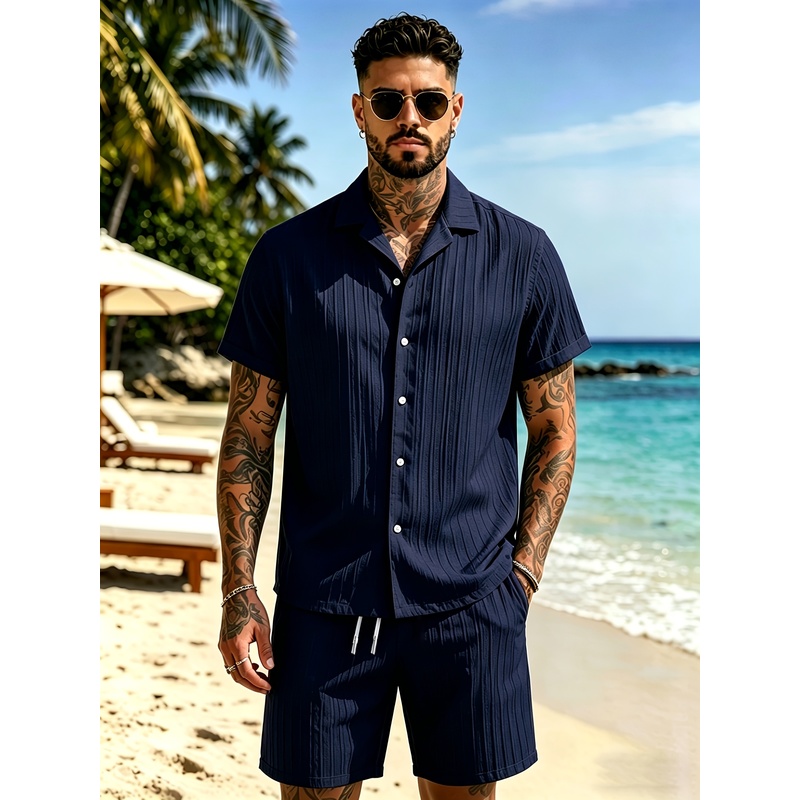 2メンズサマーカジュアルスーツセット、キューバカラーシャツ+ - Summer Clothing For A Beach のレビューと価格