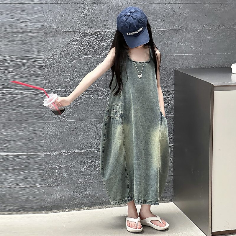 ヴィンテージブルー子供女の子高品質ノースリーブデニムドレスス - Summer Clothing Set For Girls のレビューと価格