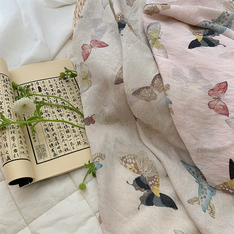 蝶のプリントが施されたベージュピンクの生地、中国風DIY夏服 - Summer Clothing Fabric のレビューと価格