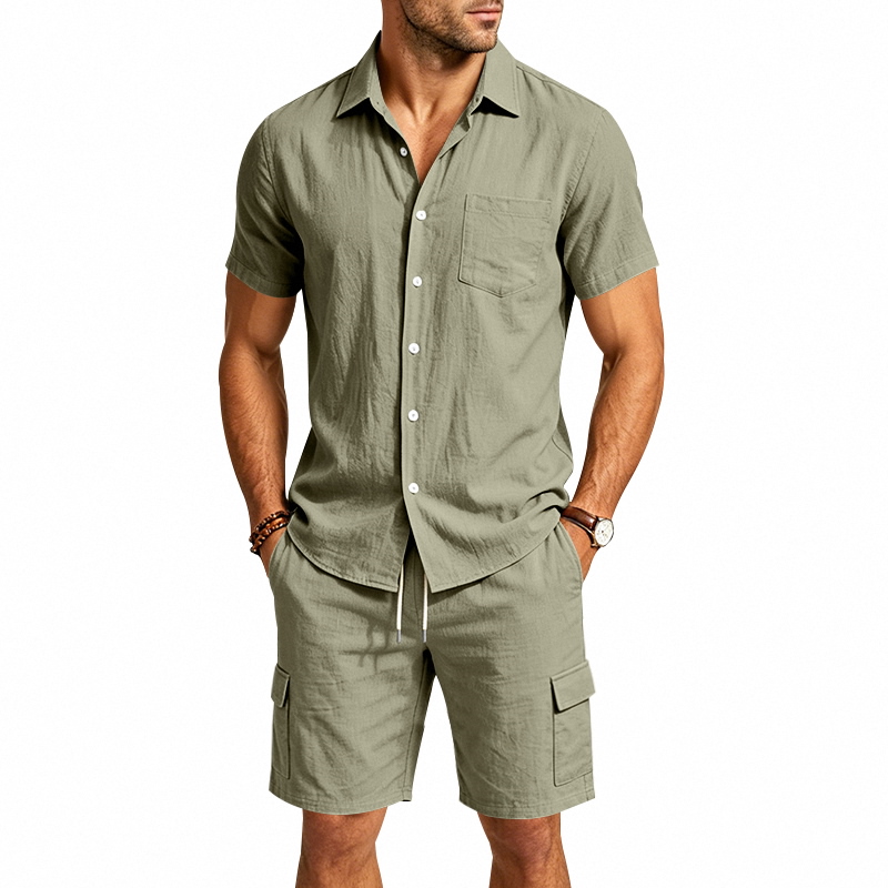 メンズ夏アメリカンリネンツーピースセット半袖シャツドロースト - Summer Clothing Trends のレビューと価格