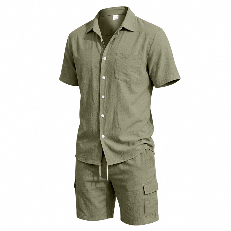 メンズ夏アメリカンリネンツーピースセット半袖シャツドロースト - Summer Clothing Trends のレビューと価格